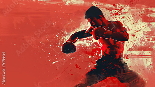 kickboxing fighter against red background in grunge style with copy space.