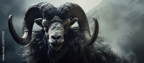 A close up of a rams jaw and horns in the dark showcases the symmetry of this terrestrial animal. The monochrome art captures the mysterious essence of this fictional and supernatural creature