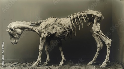  a horse that is standing in the dirt with a skeleton on it's back and it's head turned to the side.