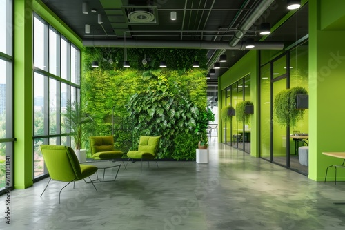 Empty Green Coworking, Modern Eco Office Interior, Corporate Workspace