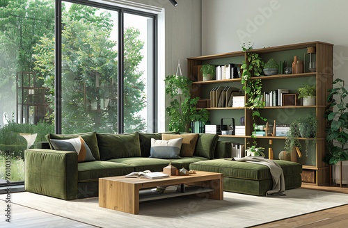 Design de interiores, moderna sala de estar, casa. Sofá de canto verde e estante madeira, minimalista