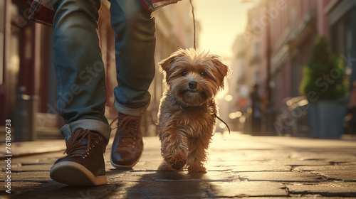 Legs of person walks a small carnivore dog on leash down cobblestone street