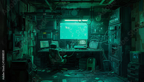 Mysterious and Atmospheric Underground Hacker’s Lair Illuminated by Green Lights: A Detailed View of a Cybersecurity Breach Scene