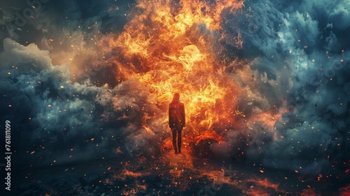 A person standing in front of a fire and clouds, AI