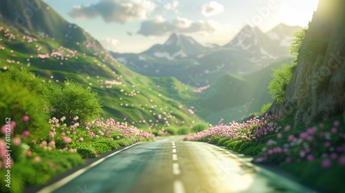 A stunning highway time-lapse photography capturing the vibrant green mountains on both sides of the road