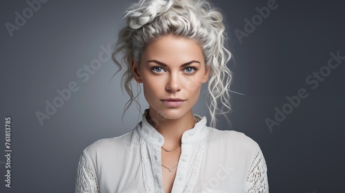 Studio shot of a Beautiful mature white young woman,looking at the camera on gray background, a haircut in style Fishtail braidStudio shot of a Beautiful mature white young woman,looking at the camera