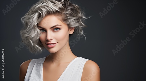 Studio image capturing the beauty of a mature white lady, looking at the camera against a gray background, displaying her fishtail braid haircut