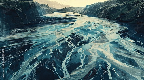 a large river in icelandic lava country, in the style of light silver and dark navy,atmospheric perspective,rough clusters, rim light