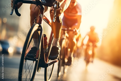 Cyclists cycling on the road in the morning. Healthy lifestyle