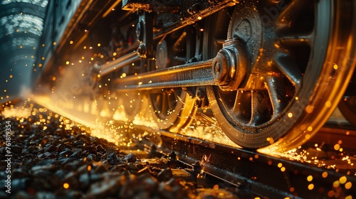 The dynamic interaction of train wheels with the railway, a close-up capturing the cascade of sparks in vivid detail, illustrated in Cinematic Photography
