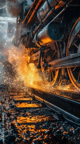 An ultra-close-up shot of a locomotive's wheels, the moment when sparks shoot out as it brakes sharply on the rails
