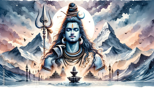 Watercolor painting illustration of lord shiva in meditation with a trident.