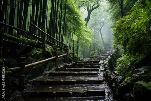 A winding stone path through a dense forest with lush greenery