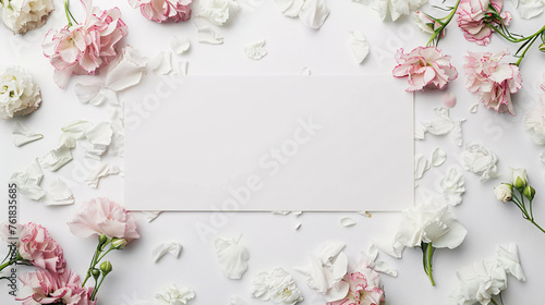 A blank white card surrounded by a lush array of soft flowers and fresh green leaves on a pastel pink background serves as an inviting template for a warm greeting or elegant announcement