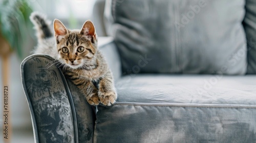 Tabby Cat Lounging on a Frayed Sofa. Generative ai