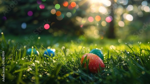 Easter eggs nestled in morning dew-dappled grass. Sunlit Easter egg hunt, springtime dew on grass. Festive Easter eggs among sparkling dewdrops in fresh spring grass.