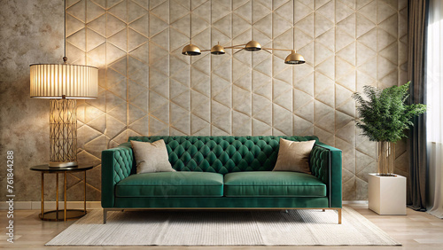 Rich emerald velvet settee pops against textured cream wall, enhanced by geometric gold lamp, generative ai
