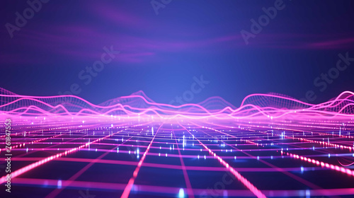 Retro futuristic 80's synthwave landscape background. wireframe grid canyon mountain. vaporwave low poly neon light.