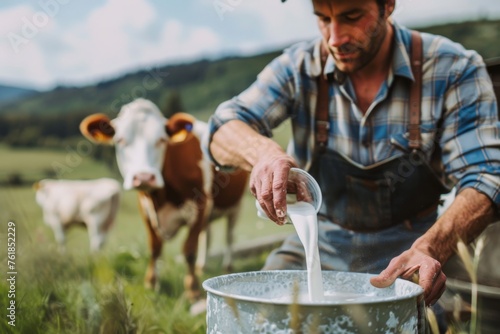 Male farmer pouring raw milk into container with cow in background