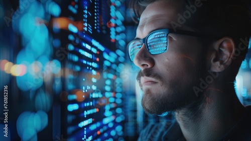 Programmer programming cybersecurity and IT. Futuristic software and hardware , coding hologram, man thinking about data analytics, digital technology. 