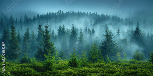 Foggy morning in the coniferous forest. Panorama.