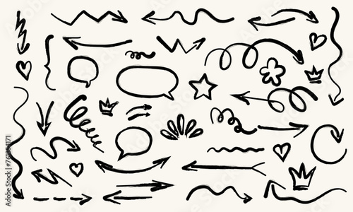 Hand drawn doodle design elements. Arrows crown, heart, star, speech bubble. Vector illustration