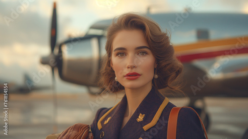 The elegance of stewardesses in diverse uniforms across dynamic settings. From vintage charm to futuristic chic, each portrait blends fashion, professionalism, and vibrant contrasts.