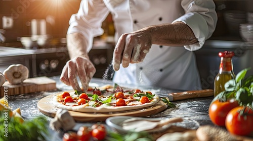 Make a pizza. male chef preparing pizza in professional modern kitchen background, close up, local food, traditional Italian pizza, handmade whole foods. Banner pizza