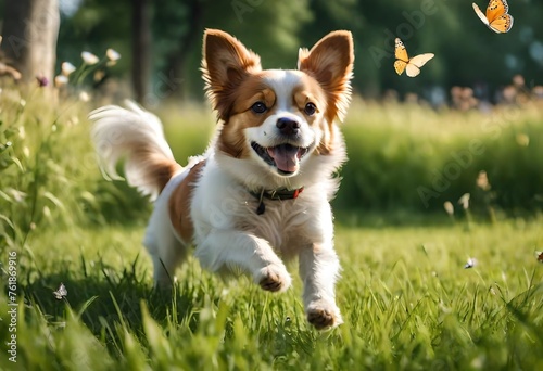 jack russell terrier playing with butterfly in the park with green grass and flowers in the background