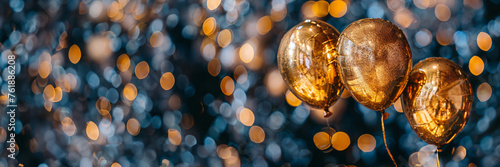 A trio of gleaming golden balloons against a bokeh light backdrop, exuding warmth and festivity. Panoramic image with copy space. AI Generative.