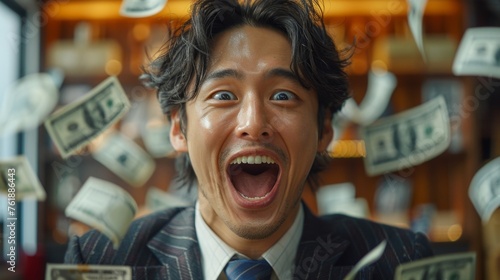 A jubilant businessman, suited and poised, rejoices in his office space as he receives an unexpected bonus. The foreground and background are adorned with money, amplifying the euphoria of the moment.