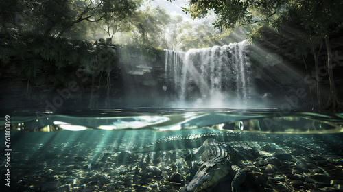 waterfall in the forest with crocodile under water in morning light
