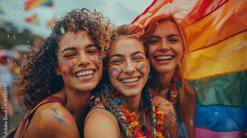 At the vibrant LGBTQ festival, smiling faces alongside waving rainbow flag embody euphoria and empowerment, celebrating embracing one's true self within a supportive community. 