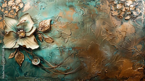 Harmonious abstract composition with floral elements, textured background, and metallic accents, modern painting