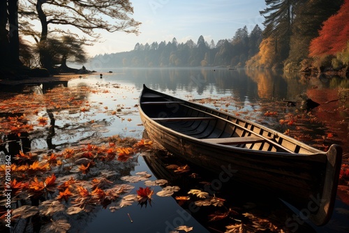 Wooden watercraft floats on lake amidst leaves, under atmospheric sky