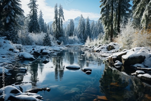A river flowing through snowcovered trees in a winter landscape