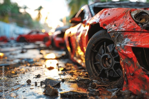 Burned car after car accident on road, closeup. Auto insurance concept