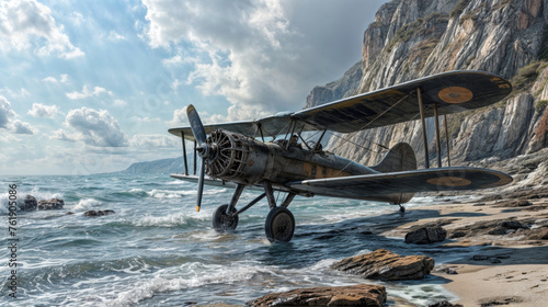 Old airplane in the sea on a background of mountains and blue sky