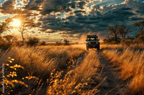 Off road vehicle in the Okavango Delta, Botswana, Africa