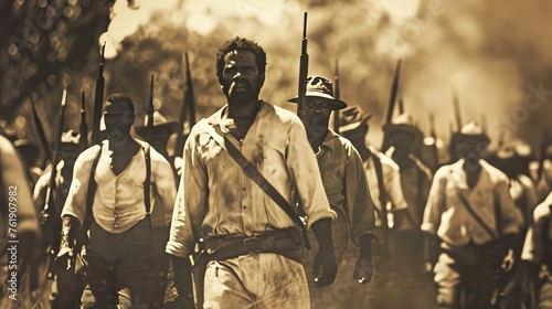 Army of black people wearing white clothing, representative of african american slavery, sepia colors, faces out of focus. The background suggests a plantation around 1830, revolt, emancipation