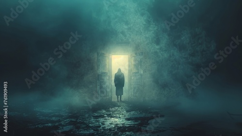 A mysterious figure opening a door to reveal a distorted and twisted version of reality hinting at the dangers of meddling with different dimensions.