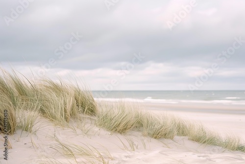 Beach Grass in Soft Focus with Sandy Shore and White Sky. Generative AI. 