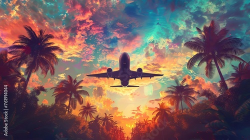 Majestic Airplane Soaring Above Tropical Palm Trees at Sunset, Wanderlust-Inspiring Travel and Vacation Concept, Vibrant Digital Painting