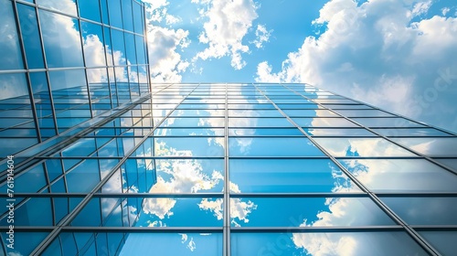 Reflective skyscrapers, business office buildings. Low angle photography of glass curtain wall details of high-rise buildings.The window glass reflects the blue sky and white clouds.