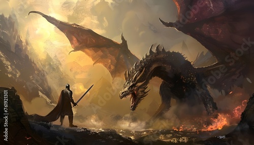 Fantasy scene knight fighting dragon 