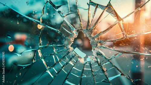 The broken glass background presents a striking image of destruction and disorder.
