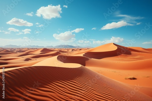 Sand dunes in desert under blue sky, an aeolian landform