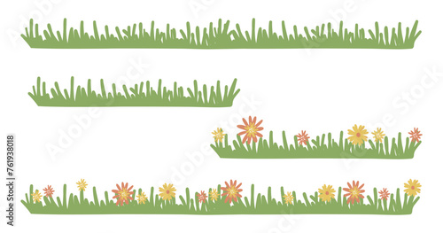 Set of grass and flowers. Collection of simple nature landscape borders. Cartoon kids style. Hand drawing vector illustration isolated on white background 