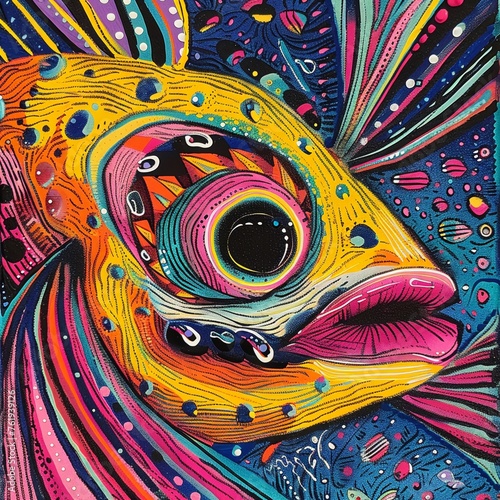 Psychedelic tropical fish, in the style of minimalist line art, appropriation artist, funk art