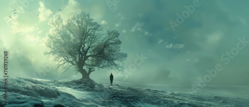 A solitary figure stands by a grand tree in an expansive, misty landscape, evoking solitude and contemplation.